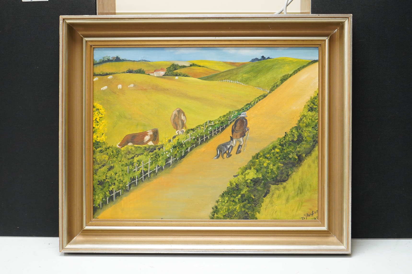 Mid century, rural landscape with cattle and shepherd, signed, partially obscured by the frame, oil on artists board, 33 x 44cm